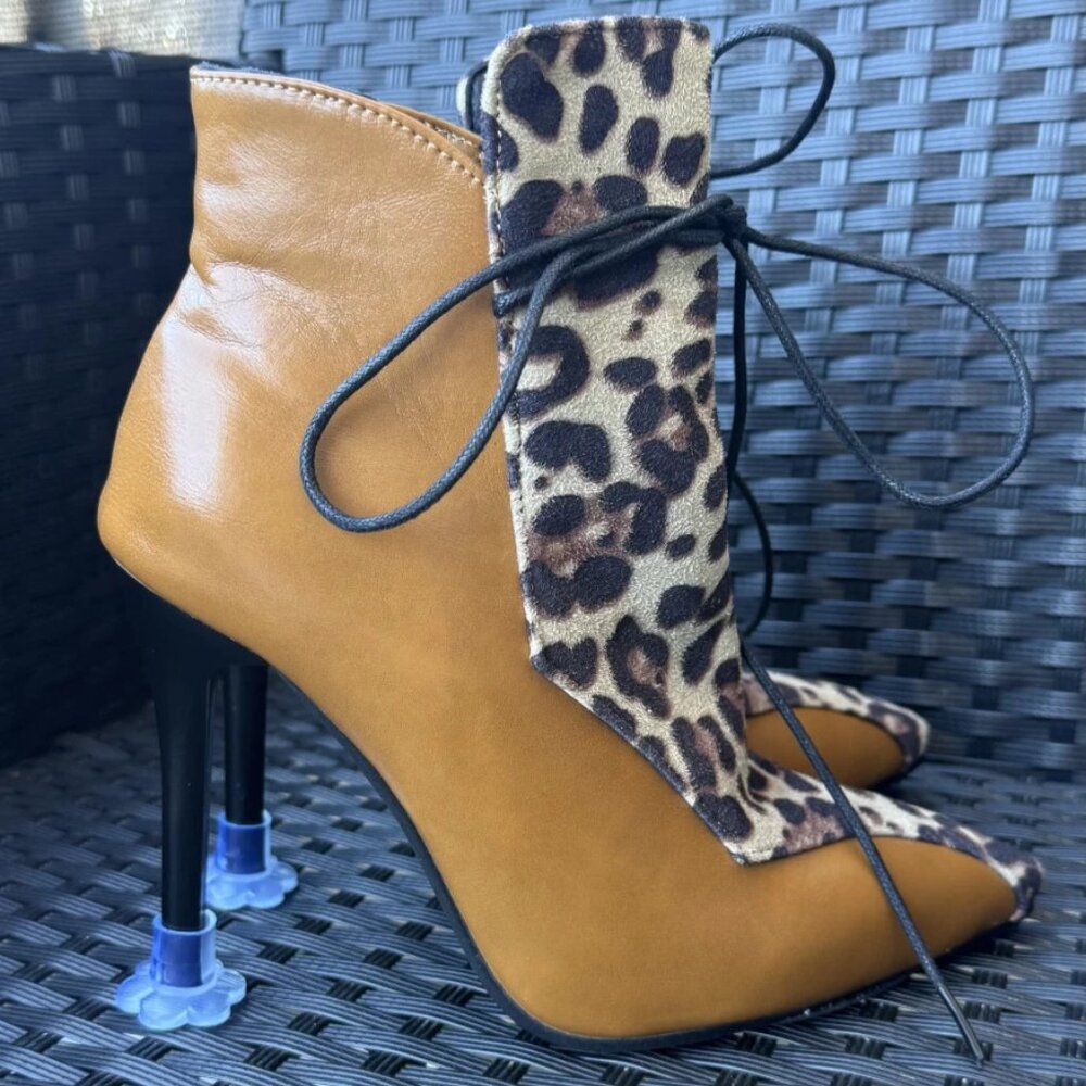 Women's Lace Ankle Boots Leopard Print High Stiletto Heels Zipper EU 38 US 7.5-8 - Picture 5 of 16